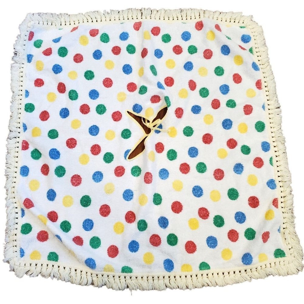 Vintage 70s Toddler Terrycloth Poncho Polka Dot Fringe 26‎ X 26